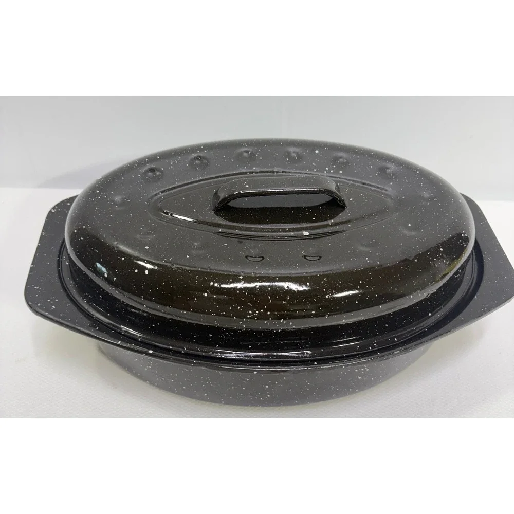 Granite Ware Black Speckled Enamel Oval Roasting Pan with Self-Basting Lid 13in